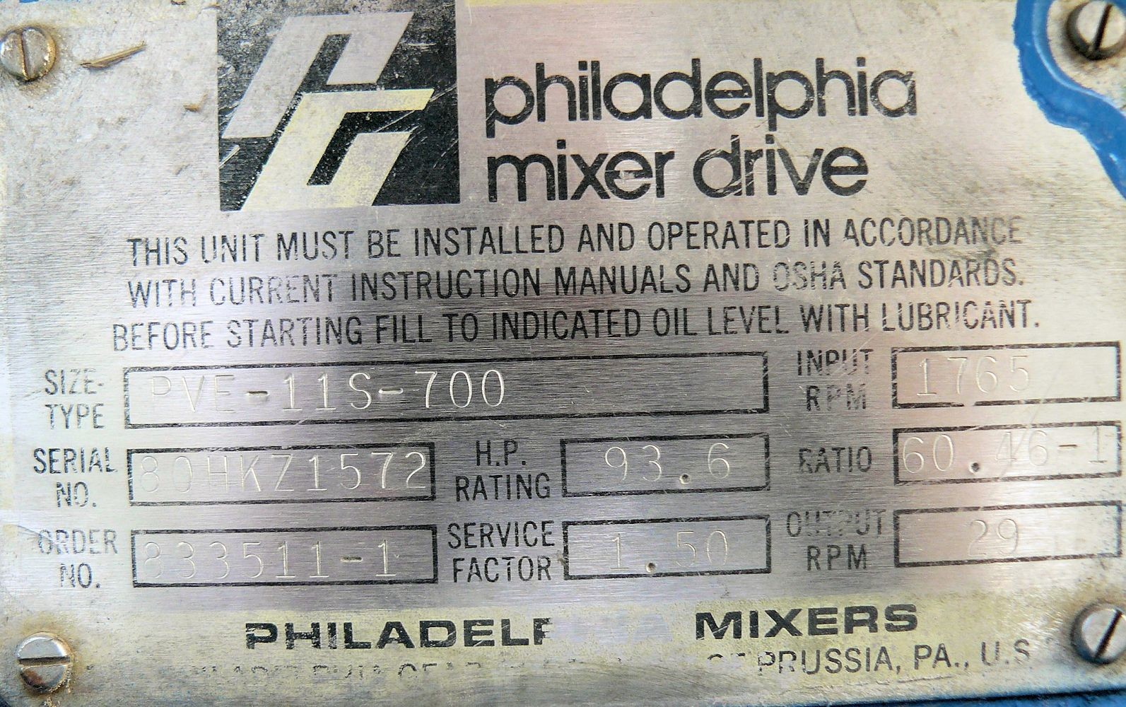 11 Units - Philadelphia 75 Hp Agitator/mixer Drives, Model Pve-11s, 1765 Rpm In, 29 Rpm Out)